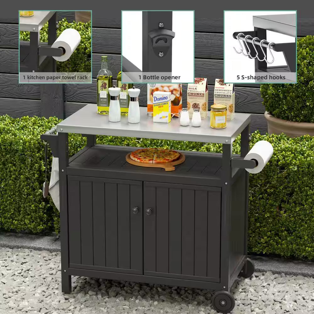 Black 42.13 In. W Stainless Steel Countertop Outdoor Grill Cart on 2 Wheels with Storage Cabinet and Side Shelf
