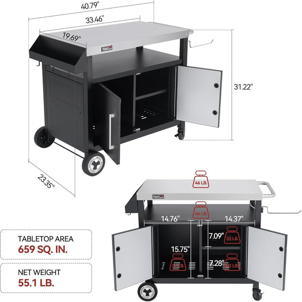 PC3403S Outdoor Grill Cart with Wheels Black | Movable Kitchen Island with Storage Cabinet for BBQ, Stainless Steel Dining Cart Table for Food Prep