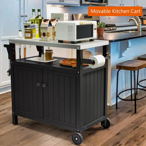 Black 42.13 In. W Stainless Steel Countertop Outdoor Grill Cart on 2 Wheels with Storage Cabinet and Side Shelf