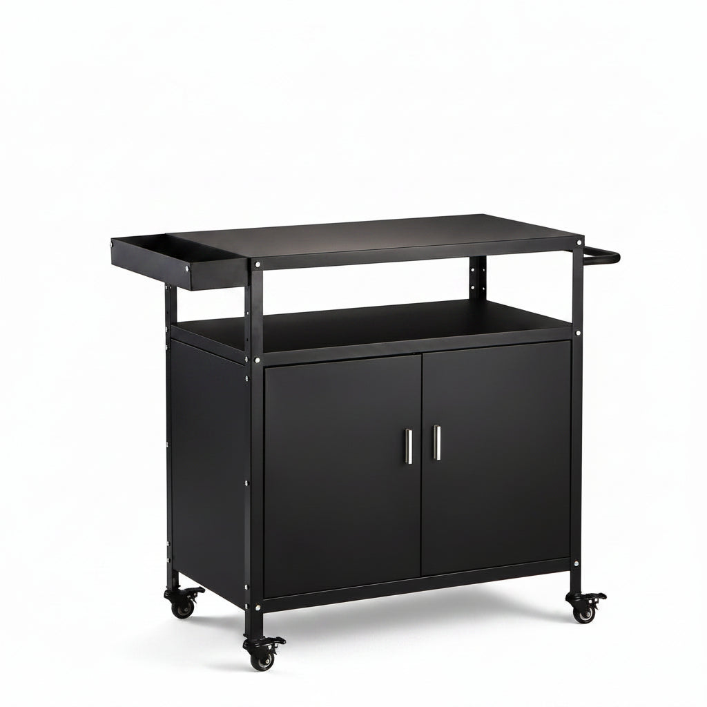 Outdoor Grill Cart with Storage Cabinet, Pizza Oven Stand Table with Wheels for Outside, Patio, Kitchen, Movable Outdoor Food Prep Table for Grill, BBQ