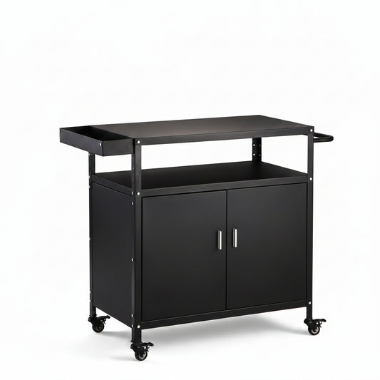 Outdoor Grill Cart with Storage Cabinet, Pizza Oven Stand Table with Wheels for Outside, Patio, Kitchen, Movable Outdoor Food Prep Table for Grill, BBQ