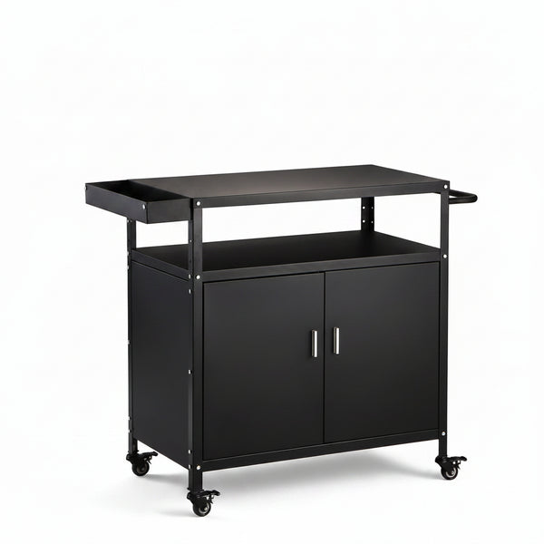 Outdoor Grill Cart with Storage Cabinet, Pizza Oven Stand Table with Wheels for Outside, Patio, Kitchen, Movable Outdoor Food Prep Table for Grill, BBQ