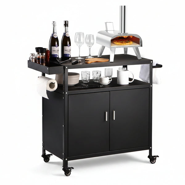 Outdoor Grill Cart with Storage Cabinet, Pizza Oven Stand Table with Wheels for Outside, Patio, Kitchen, Movable Outdoor Food Prep Table for Grill, BBQ