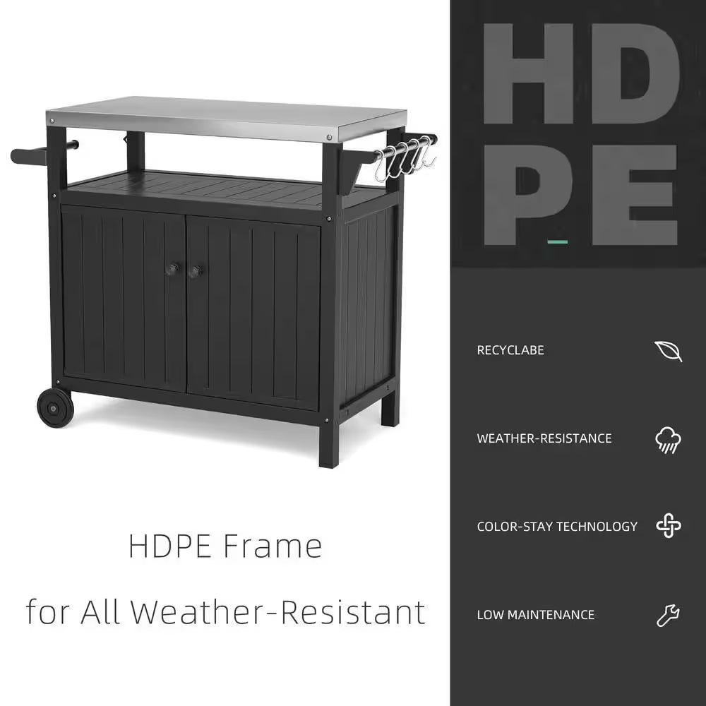 Black 42.13 In. W Stainless Steel Countertop Outdoor Grill Cart on 2 Wheels with Storage Cabinet and Side Shelf