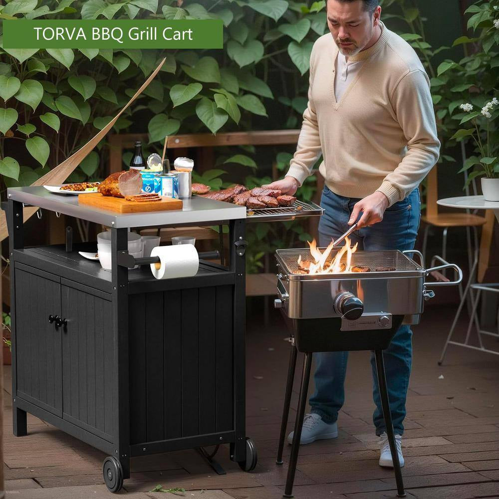 Black 42.13 In. W Stainless Steel Countertop Outdoor Grill Cart on 2 Wheels with Storage Cabinet and Side Shelf