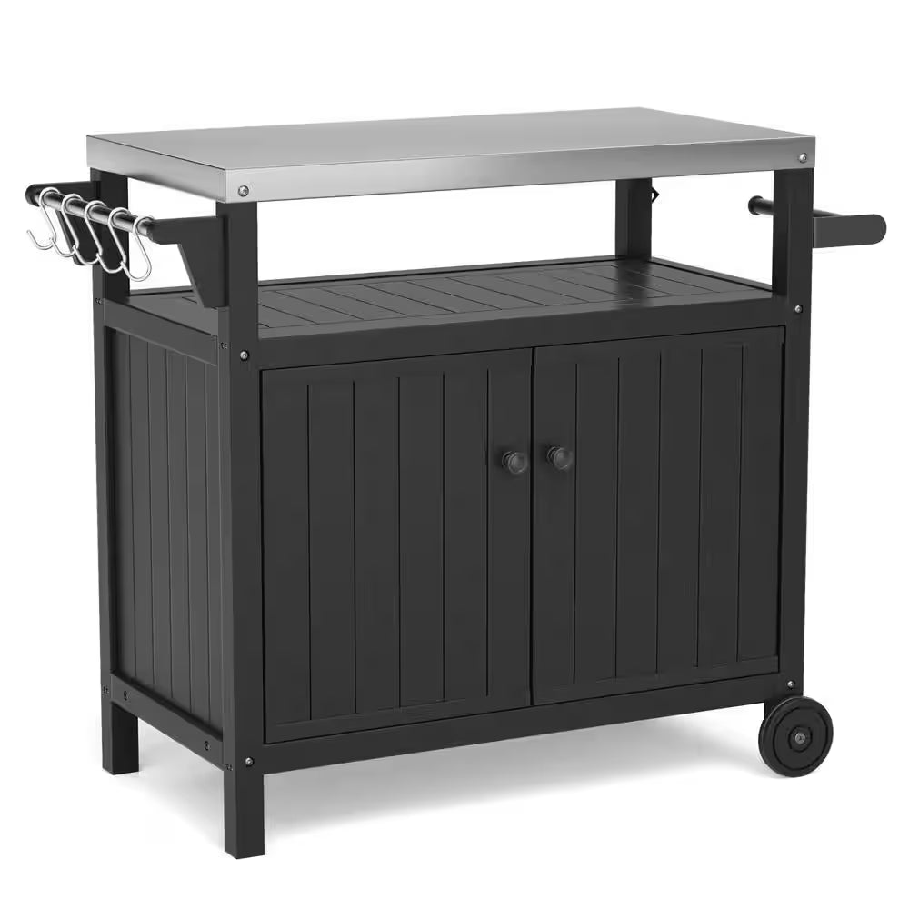 Black 42.13 In. W Stainless Steel Countertop Outdoor Grill Cart on 2 Wheels with Storage Cabinet and Side Shelf
