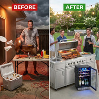 Outdoor Kitchen Island 85" 6-Burner 85000 BTU Deluxe Modular BBQ Island - Grill Islands W/Wine Cooler, Built in Combo outside Island + Rotisserie & Granite Top Outdoor Grill — Before & After