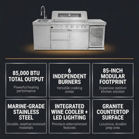 Outdoor Kitchen Island 85" 6-Burner 85000 BTU Deluxe Modular BBQ Island - Grill Islands W/Wine Cooler, Built in Combo outside Island + Rotisserie & Granite Top Outdoor Grill — Results & Stats