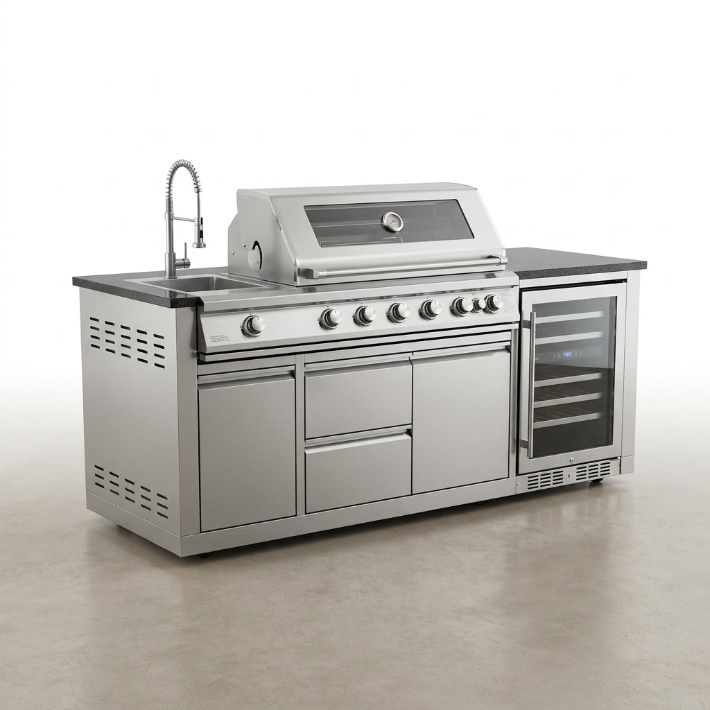 Outdoor Kitchen Island 85" 6-Burner 85000 BTU Deluxe Modular BBQ Island - Grill Islands W/Wine Cooler, Built in Combo outside Island + Rotisserie & Granite Top Outdoor Grill — Studio Shot