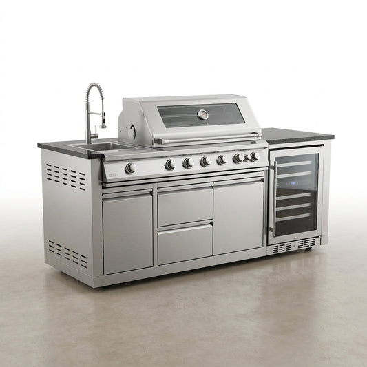 Outdoor Kitchen Island 85" 6-Burner 85000 BTU Deluxe Modular BBQ Island - Grill Islands W/Wine Cooler, Built in Combo outside Island + Rotisserie & Granite Top Outdoor Grill — Studio Shot