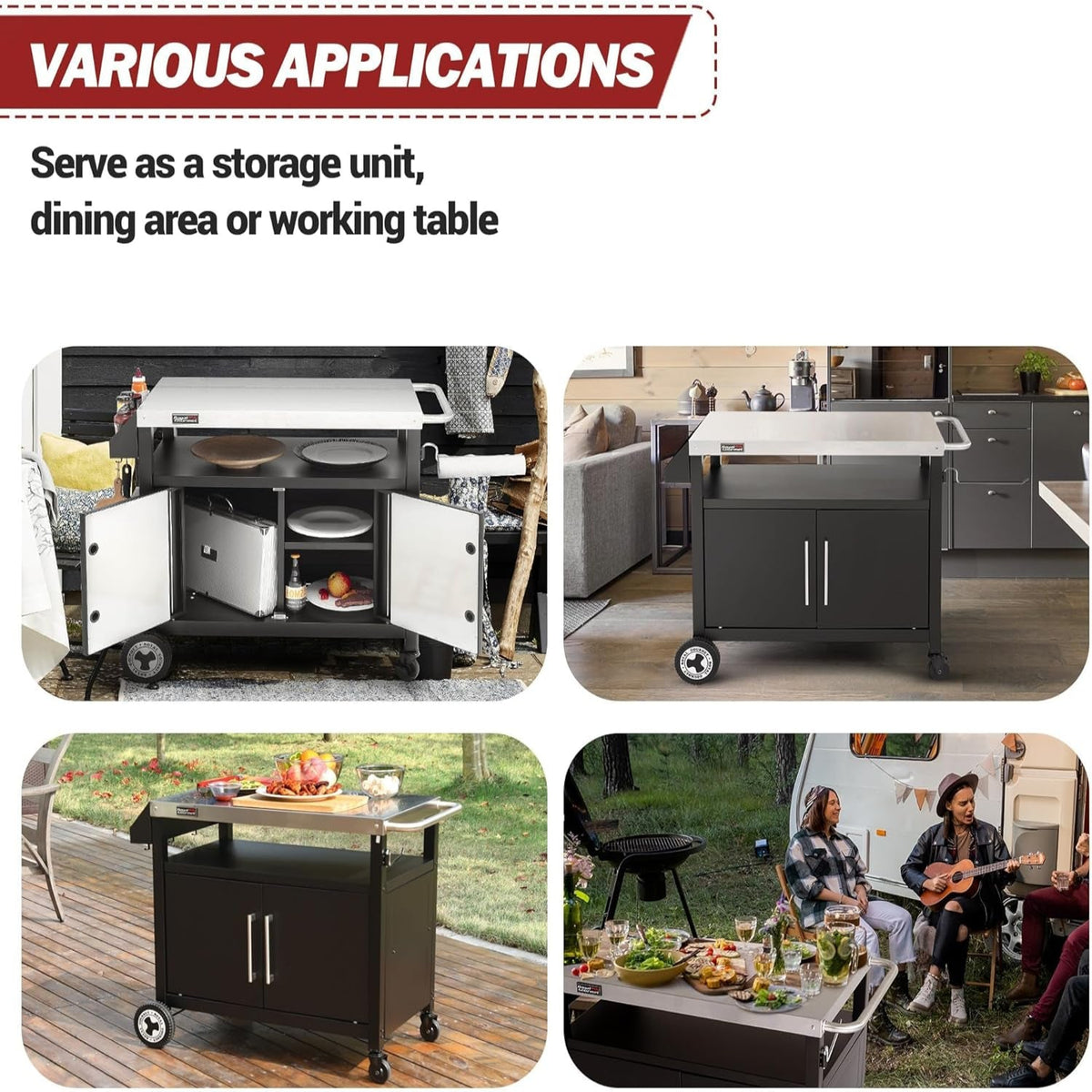 PC3403S Outdoor Grill Cart with Wheels Black | Movable Kitchen Island with Storage Cabinet for BBQ, Stainless Steel Dining Cart Table for Food Prep