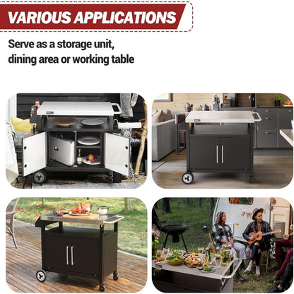 PC3403S Outdoor Grill Cart with Wheels Black | Movable Kitchen Island with Storage Cabinet for BBQ, Stainless Steel Dining Cart Table for Food Prep