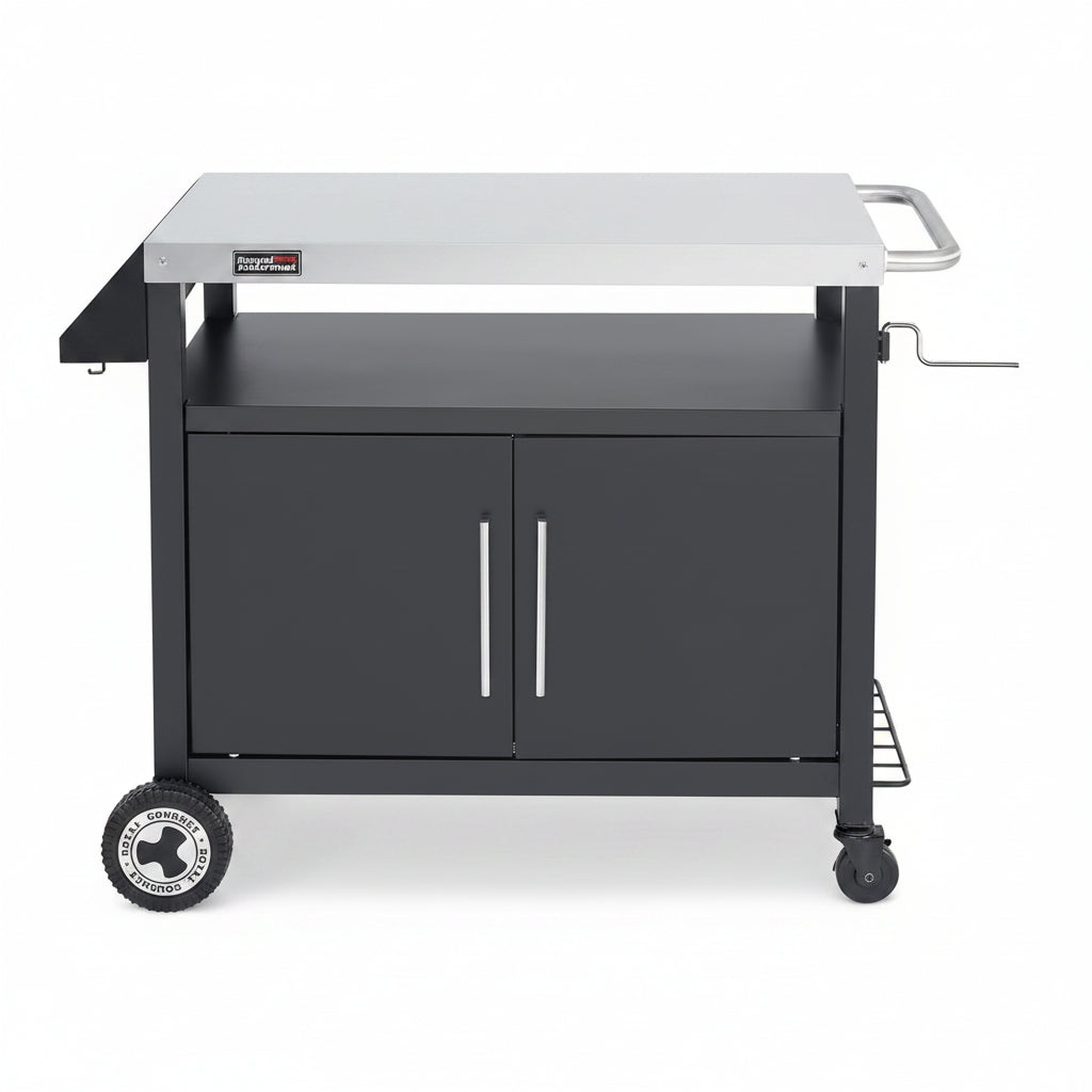 PC3403S Outdoor Grill Cart with Wheels Black | Movable Kitchen Island with Storage Cabinet for BBQ, Stainless Steel Dining Cart Table for Food Prep