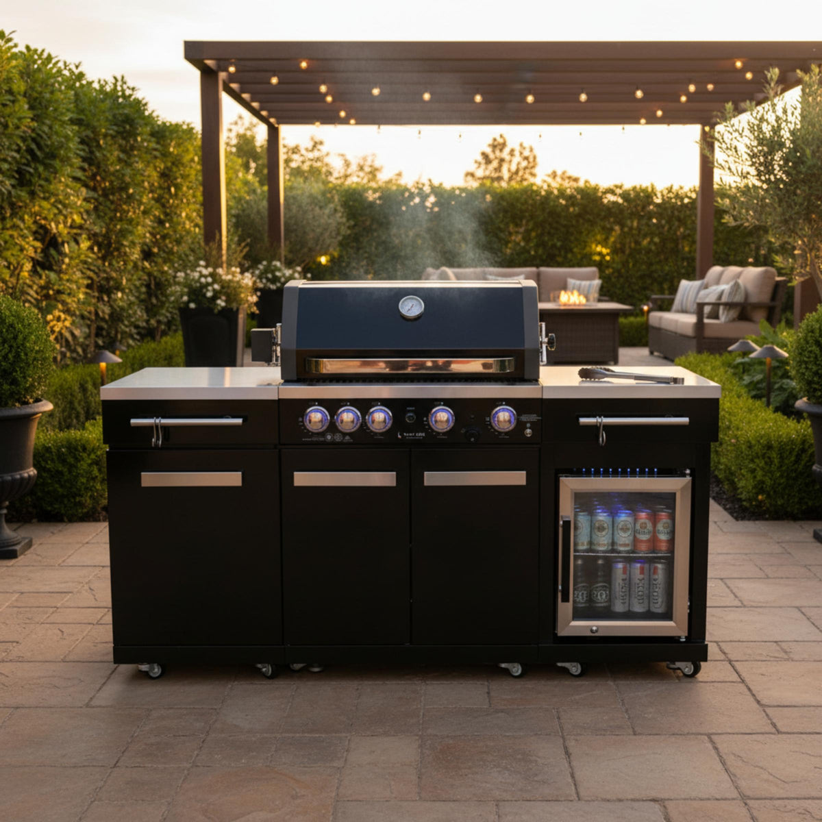 Premium 70" Black Stainless Steel Outdoor Kitchen Island with Refrigerator + 32"W 4-Burner BBQ Grill with Rear Burner