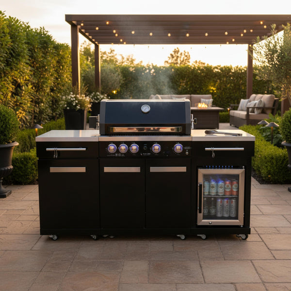 Premium 70" Black Stainless Steel Outdoor Kitchen Island with Refrigerator + 32"W 4-Burner BBQ Grill with Rear Burner