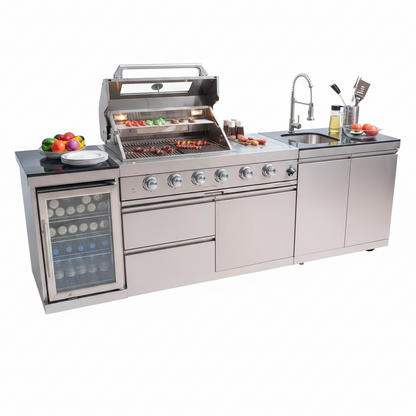 Modular Outdoor Kitchen BBQ Island, 104" Outdoor Kitchen Propane Gas Island Grill with Sink, Compact Refrigerator, Storage Cabinets, Rotisserie Kit (Silver, 104")